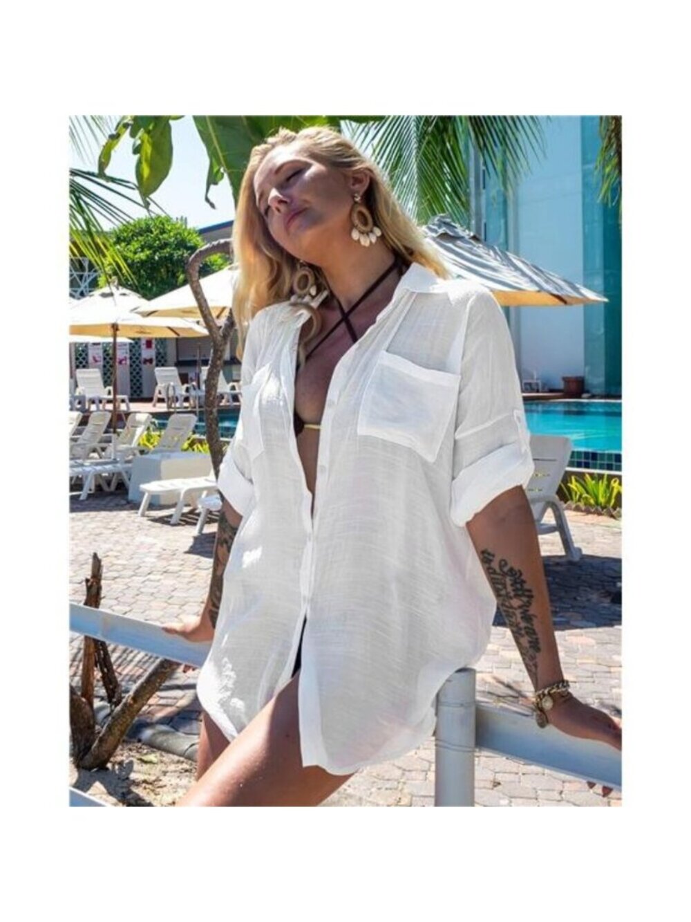 Women's Button Down Swim Cover Up Shirt Sexy Long Sleeve Beach Blouse Bathing - Picture 5 of 6